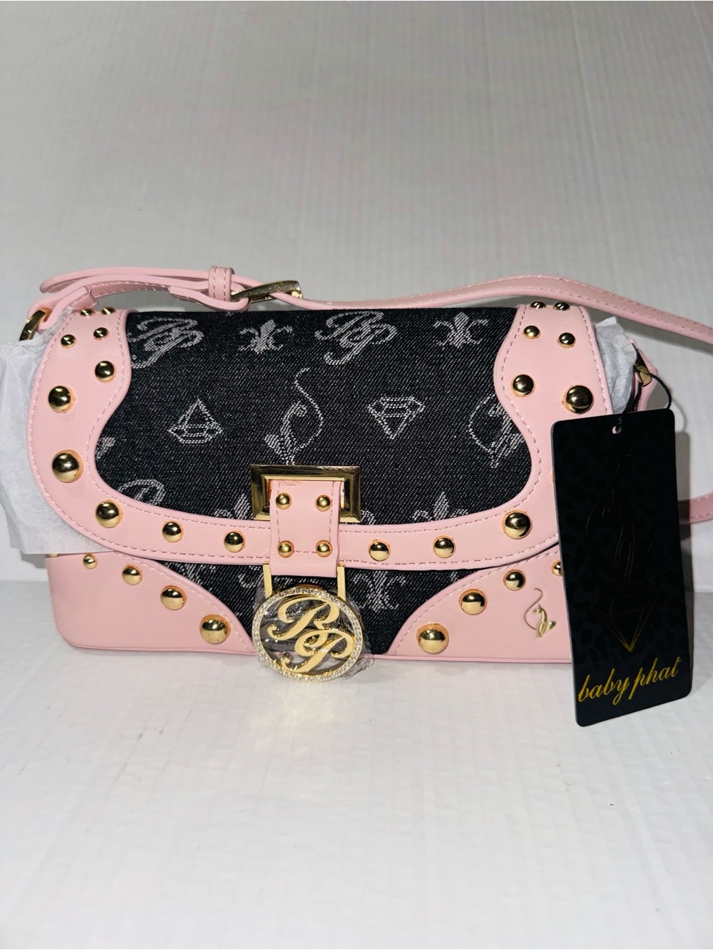 Baby Phat Pink & Black demon studded Studded Logo Crossbody bag BNWT